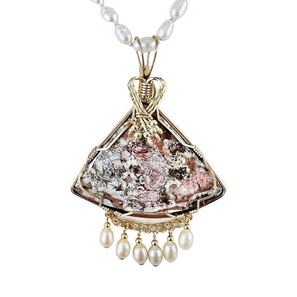 Womens Necklace Gold Wire Wrapped Ocean Jasper Pendant Triangle Pearl Dangles - Picture 1 of 2